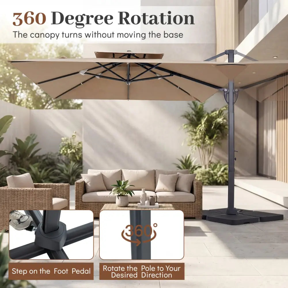10 FT Aluminum Pole Patio Cantilever Umbrella with 220 LBS Base-Brown - Brown - Outdoor Umbrellas