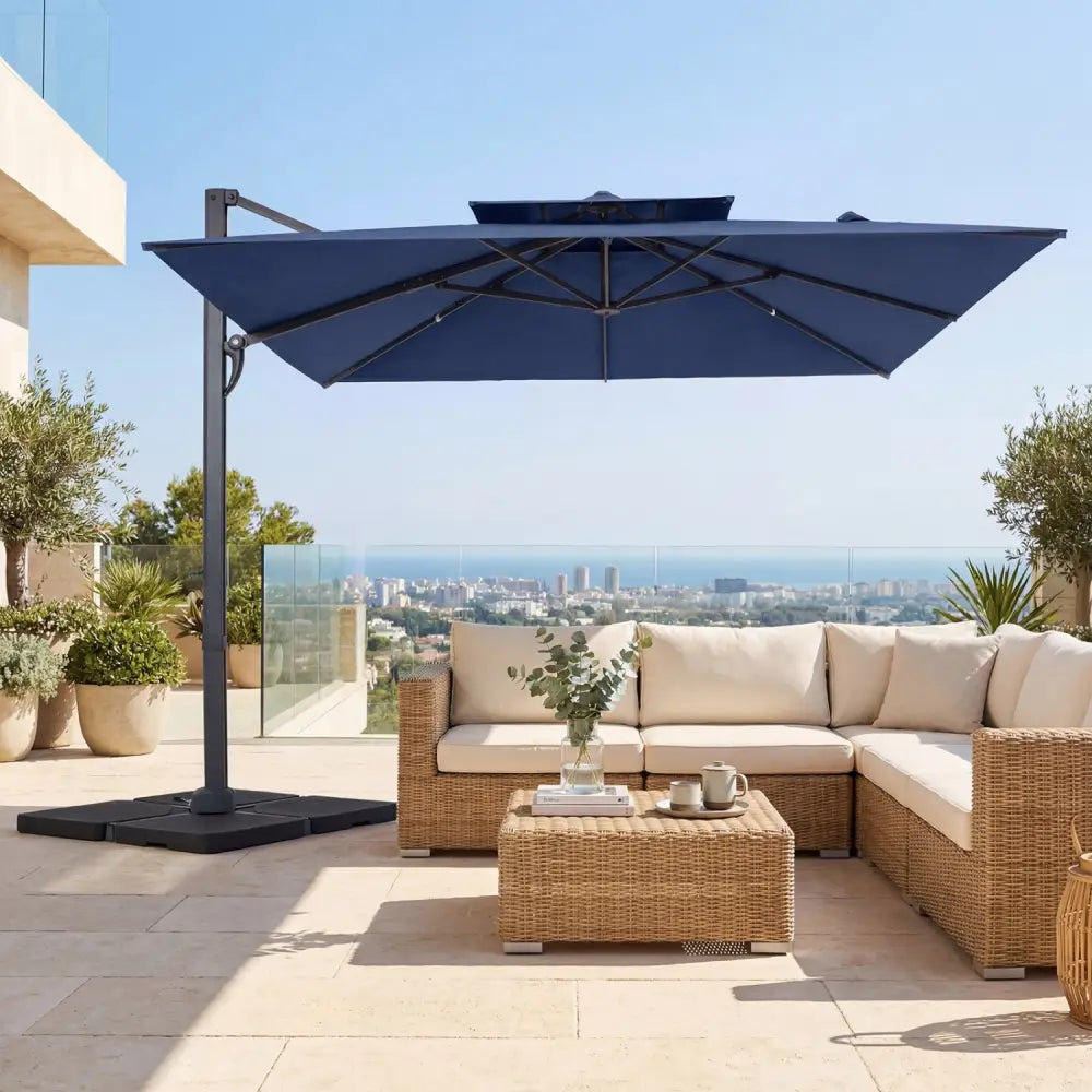 10 FT Aluminum Pole Patio Cantilever Umbrella with 220 LBS Base-Dark Blue - Dark Blue - Outdoor Umbrellas