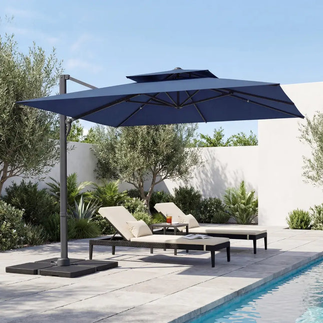 10 FT Aluminum Pole Patio Cantilever Umbrella with 220 LBS Base-Dark Blue - Dark Blue - Outdoor Umbrellas