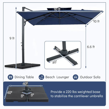10 FT Aluminum Pole Patio Cantilever Umbrella with 220 LBS Base-Dark Blue - Dark Blue - Outdoor Umbrellas