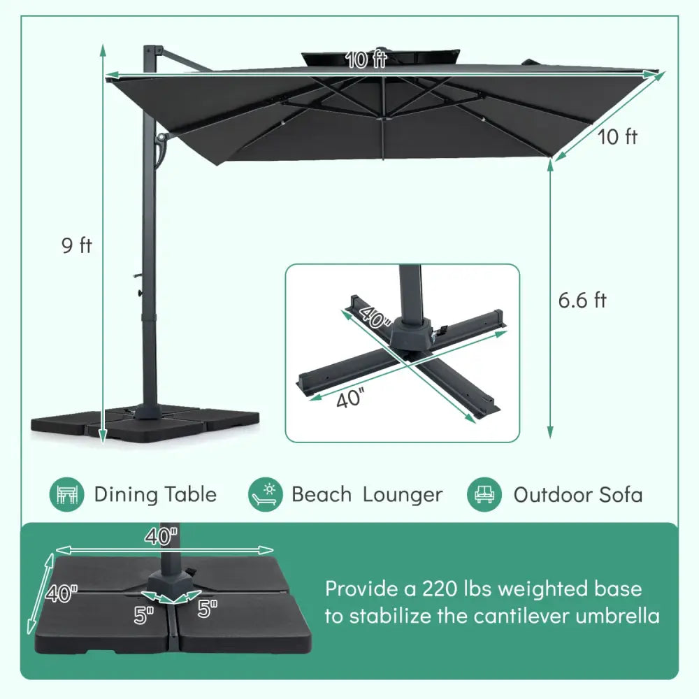 10 FT Aluminum Pole Patio Cantilever Umbrella with 220 LBS Base-Gray - Gray - Outdoor Umbrellas