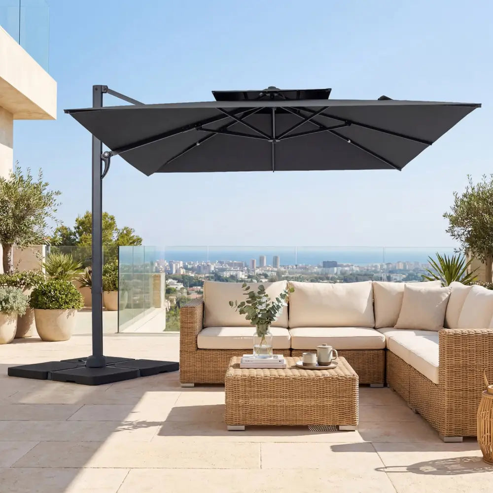 10 FT Aluminum Pole Patio Cantilever Umbrella with 220 LBS Base-Gray - Gray - Outdoor Umbrellas