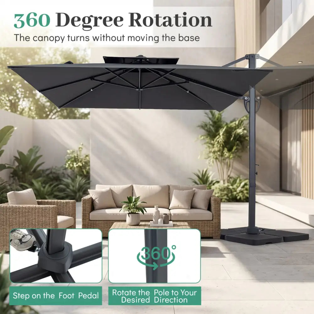 10 FT Aluminum Pole Patio Cantilever Umbrella with 220 LBS Base-Gray - Gray - Outdoor Umbrellas