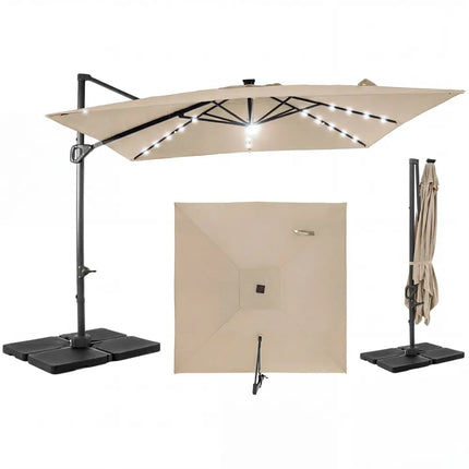 10 FT Cantilever Patio Umbrella with 32 Solar LED Lights and 220 LBS Base-Beige - Beige - Outdoor Umbrellas