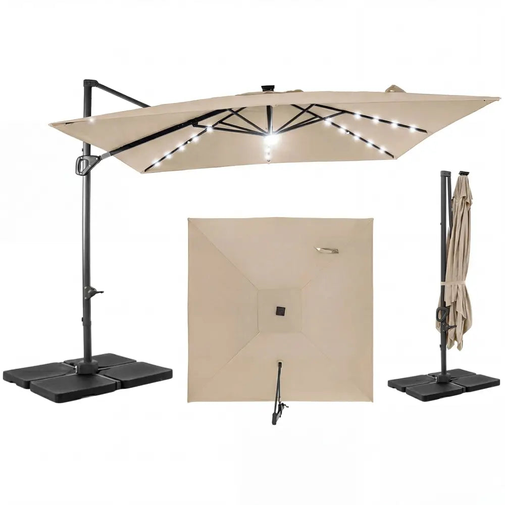 10 FT Cantilever Patio Umbrella with 32 Solar LED Lights and 220 LBS Base-Beige - Beige - Outdoor Umbrellas