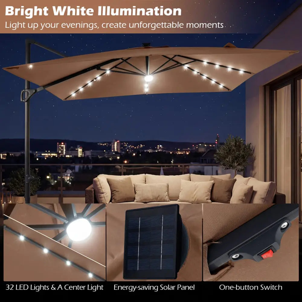 10 FT Cantilever Patio Umbrella with 32 Solar LED Lights and 220 LBS Base-Brown - Brown - Outdoor Umbrellas
