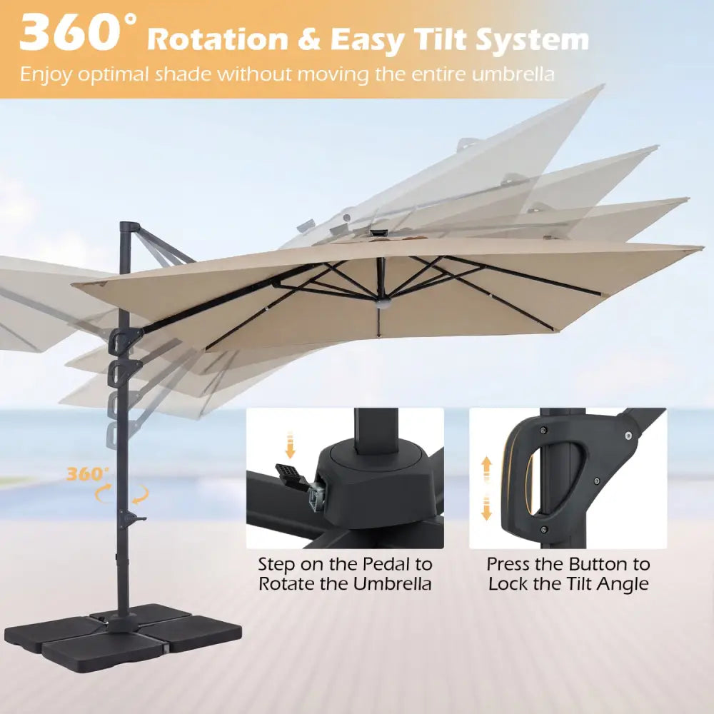 10 FT Cantilever Patio Umbrella with 32 Solar LED Lights and 220 LBS Base-Beige - Beige - Outdoor Umbrellas