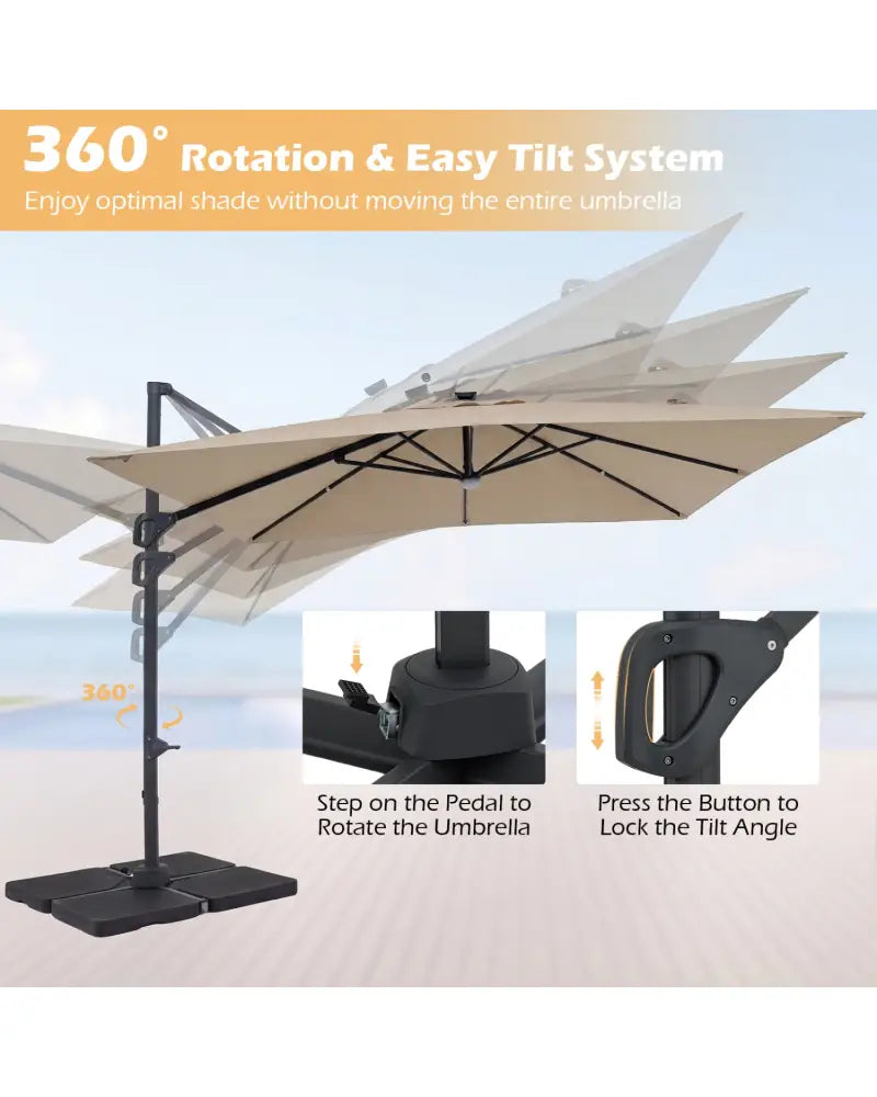 10 FT Cantilever Patio Umbrella with 32 Solar LED Lights and 220 LBS Base-Beige - Beige - Outdoor Umbrellas