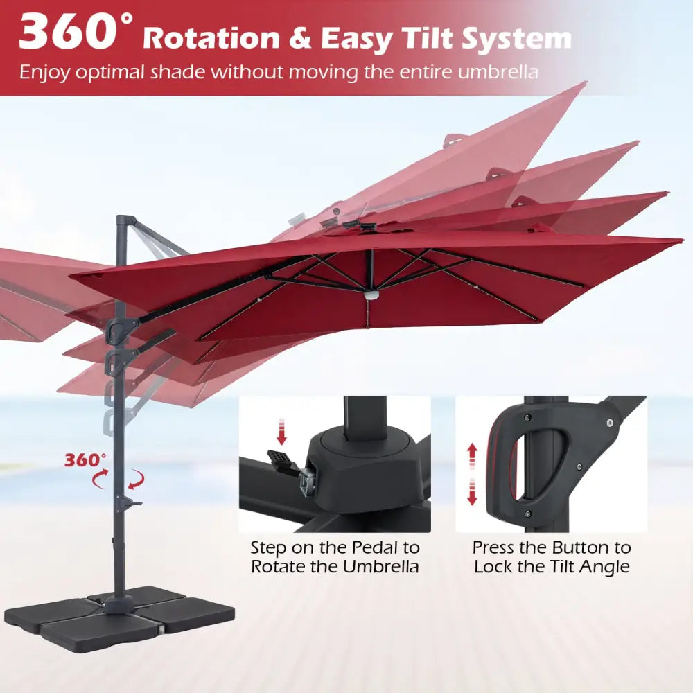 10 FT Cantilever Patio Umbrella with 32 Solar LED Lights and 220 LBS Base-Red - Red - Outdoor Umbrellas