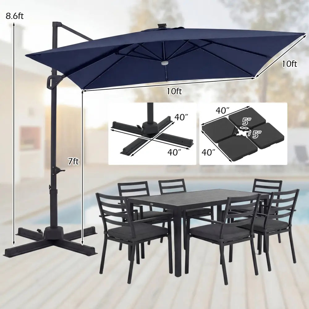 10 FT Cantilever Patio Umbrella with 32 Solar LED Lights and 220 LBS Base-Dark Blue - Dark Blue - Outdoor Umbrellas
