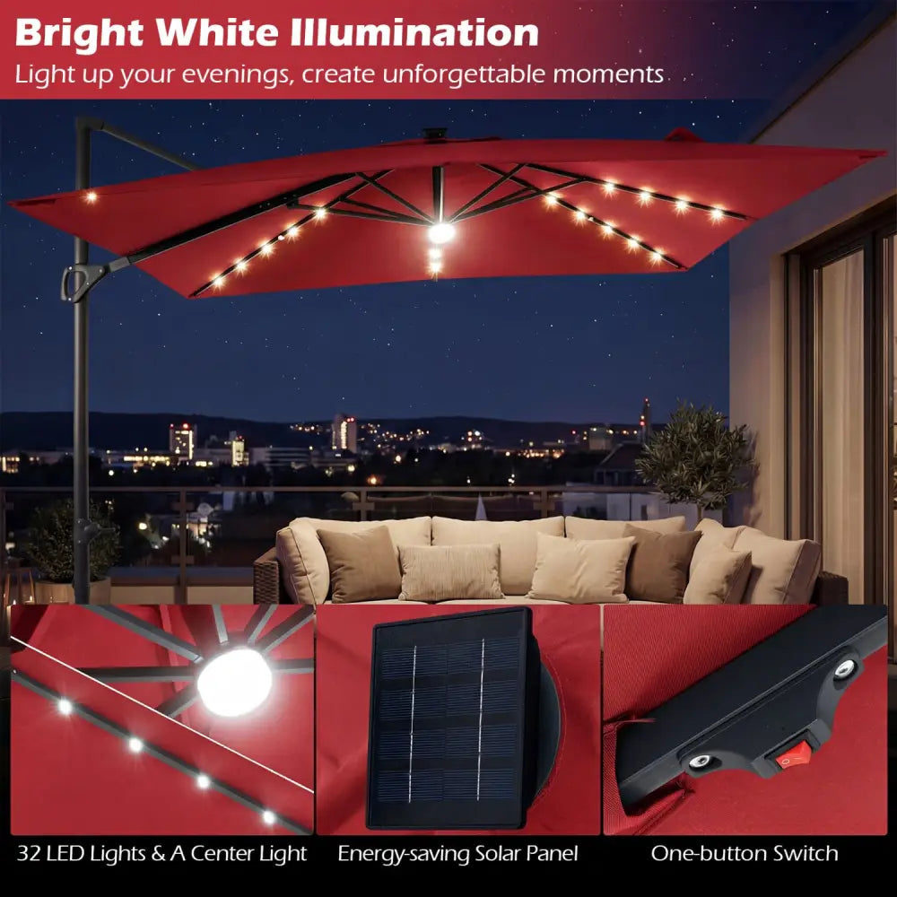 10 FT Cantilever Patio Umbrella with 32 Solar LED Lights and 220 LBS Base-Red - Red - Outdoor Umbrellas