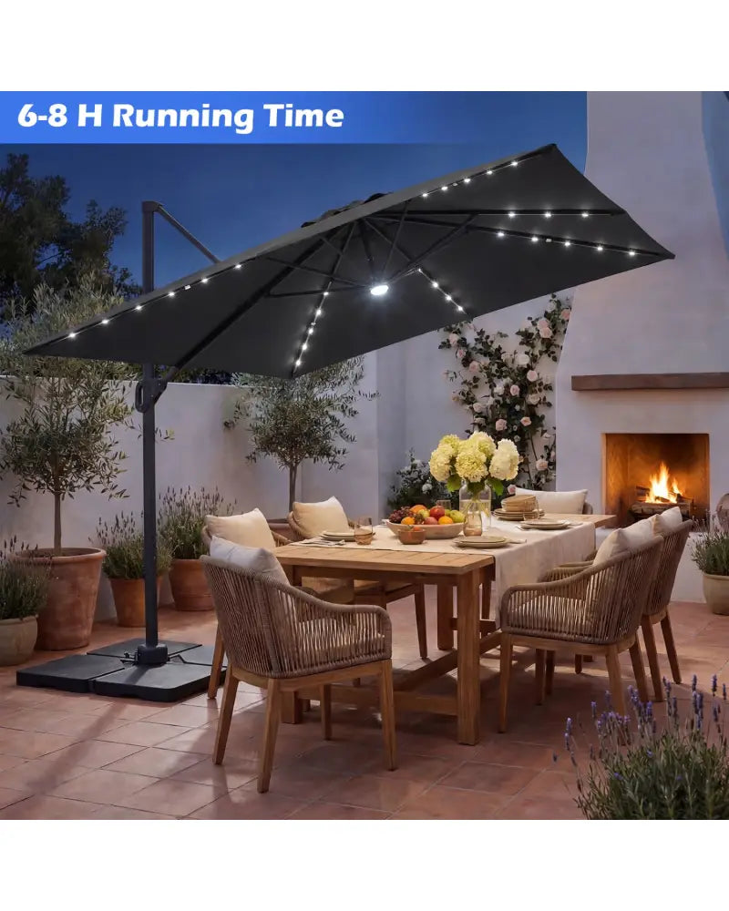 10 FT Cantilever Patio Umbrella with 32 Solar LED Lights and 220 LBS Base-Gray - Gray - Outdoor Umbrellas