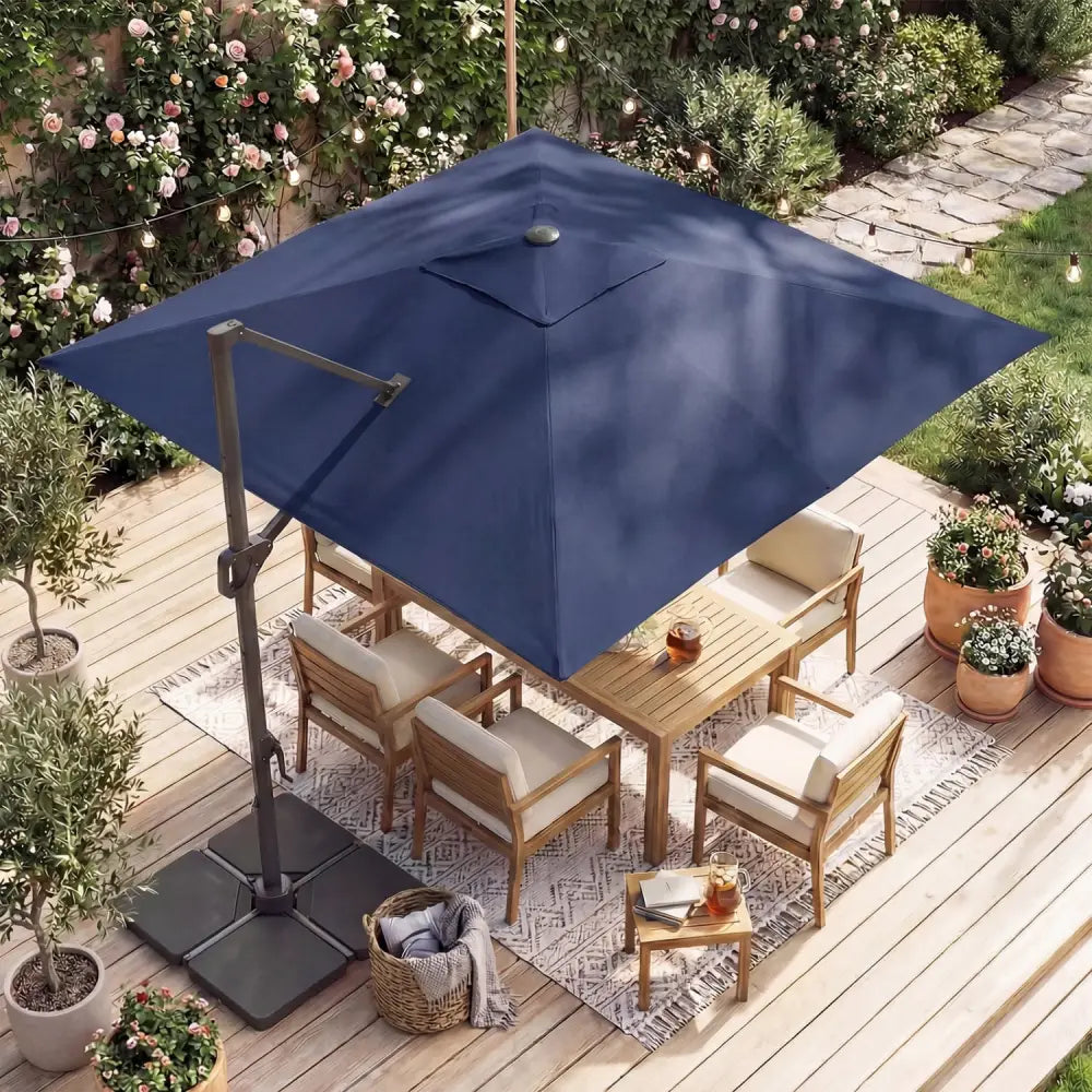 10 FT Cantilever Patio Umbrella with 32 Solar LED Lights and 220 LBS Base-Dark Blue - Dark Blue - Outdoor Umbrellas