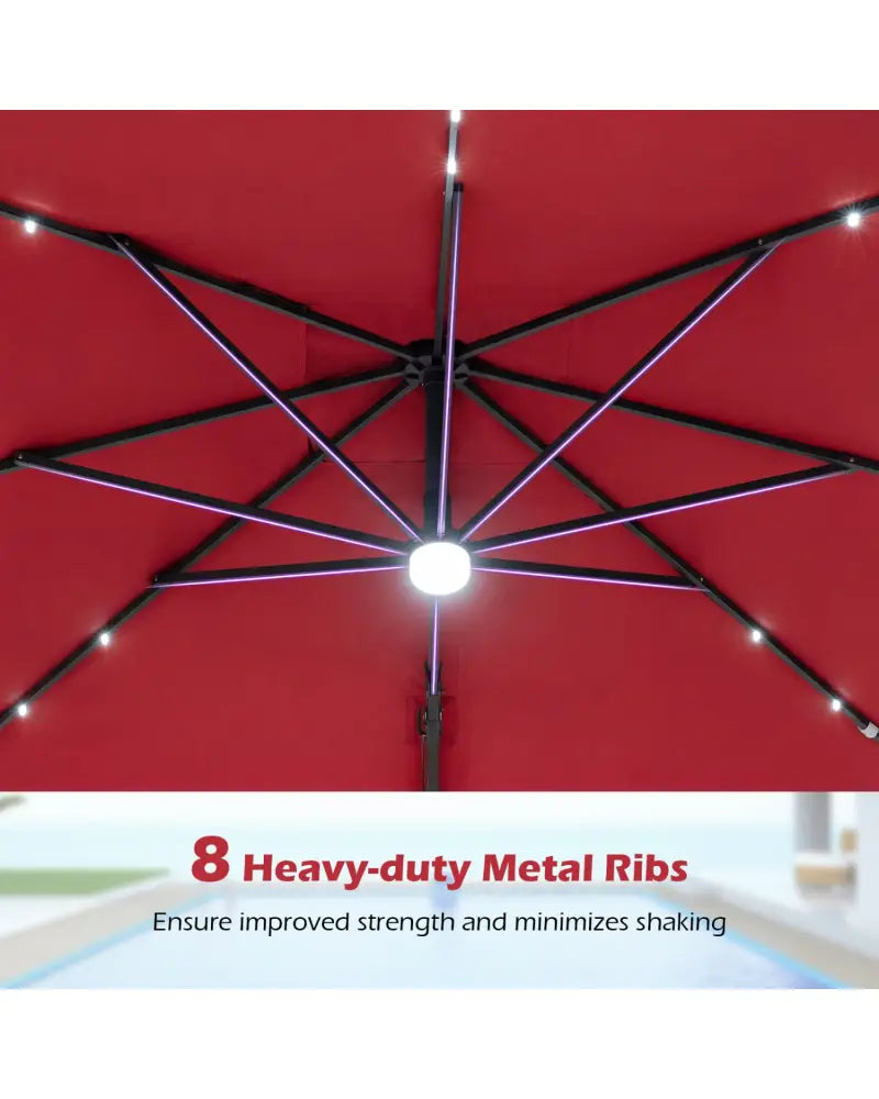 10 FT Cantilever Patio Umbrella with 32 Solar LED Lights and 220 LBS Base-Red - Red - Outdoor Umbrellas