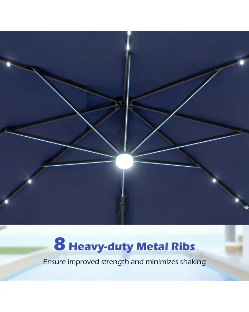 10 FT Cantilever Patio Umbrella with 32 Solar LED Lights and 220 LBS Base-Dark Blue - Dark Blue - Outdoor Umbrellas