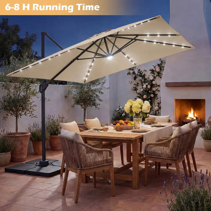 10 FT Cantilever Patio Umbrella with 32 Solar LED Lights and 220 LBS Base-Beige - Beige - Outdoor Umbrellas
