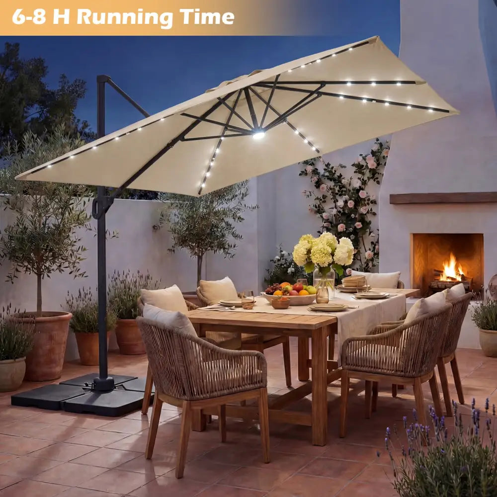 10 FT Cantilever Patio Umbrella with 32 Solar LED Lights and 220 LBS Base-Beige - Beige - Outdoor Umbrellas