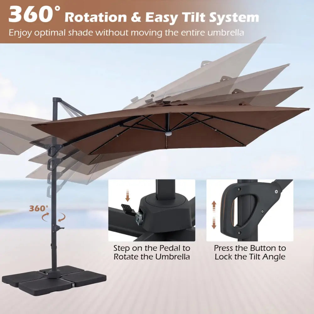 10 FT Cantilever Patio Umbrella with 32 Solar LED Lights and 220 LBS Base-Brown - Brown - Outdoor Umbrellas