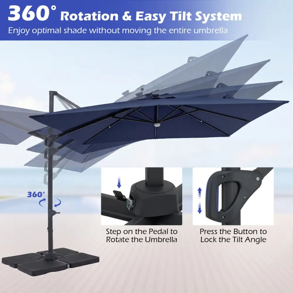 10 FT Cantilever Patio Umbrella with 32 Solar LED Lights and 220 LBS Base-Dark Blue - Dark Blue - Outdoor Umbrellas