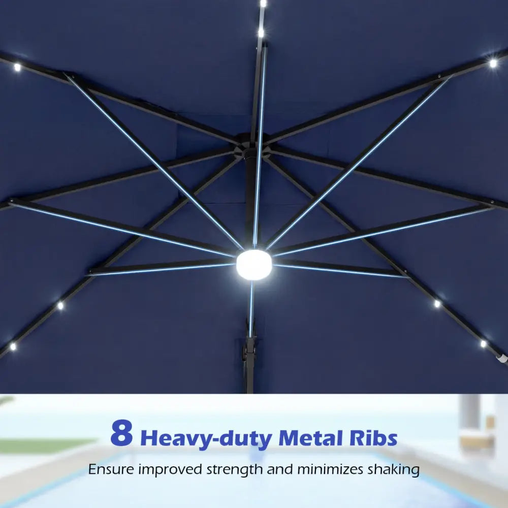 10 FT Cantilever Patio Umbrella with 32 Solar LED Lights and 220 LBS Base-Dark Blue - Dark Blue - Outdoor Umbrellas