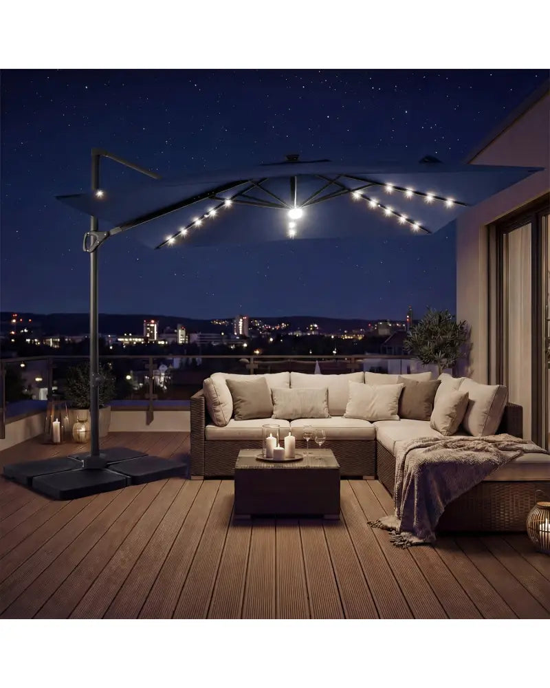 10 FT Cantilever Patio Umbrella with 32 Solar LED Lights and 220 LBS Base-Dark Blue - Dark Blue - Outdoor Umbrellas