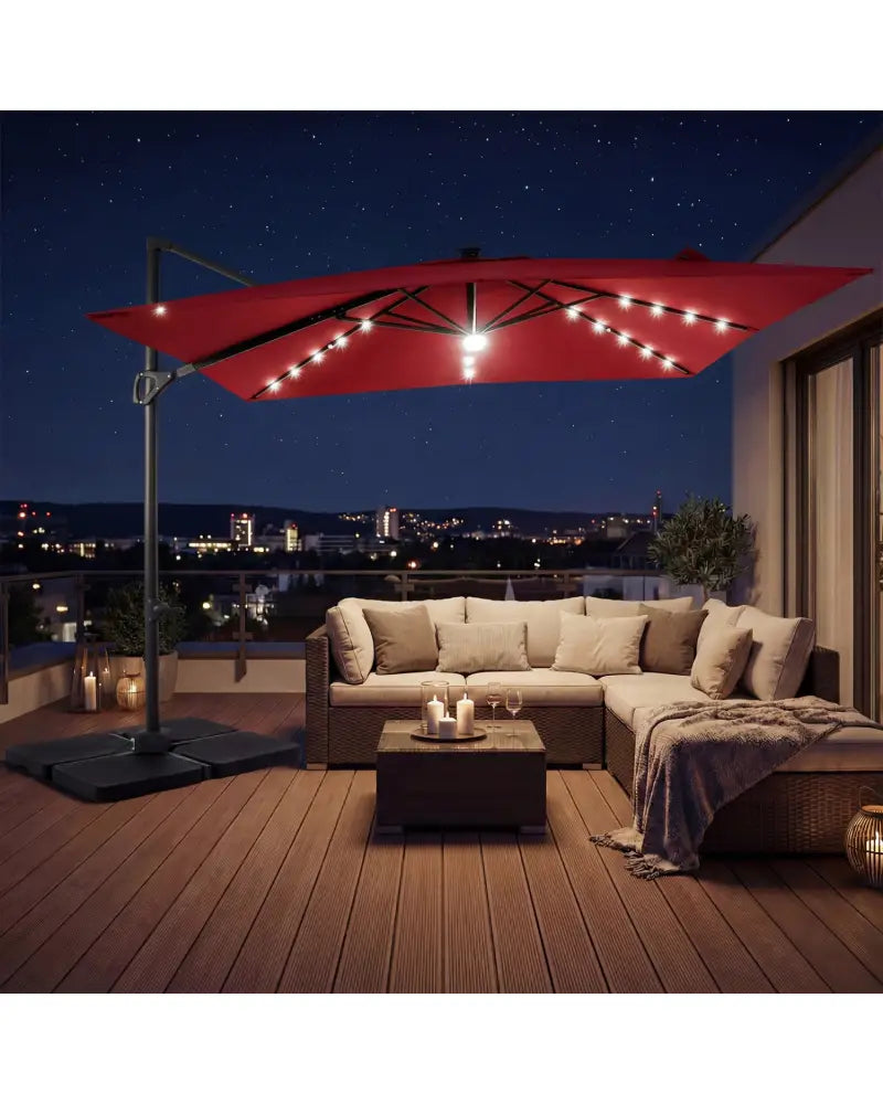 10 FT Cantilever Patio Umbrella with 32 Solar LED Lights and 220 LBS Base-Red - Red - Outdoor Umbrellas