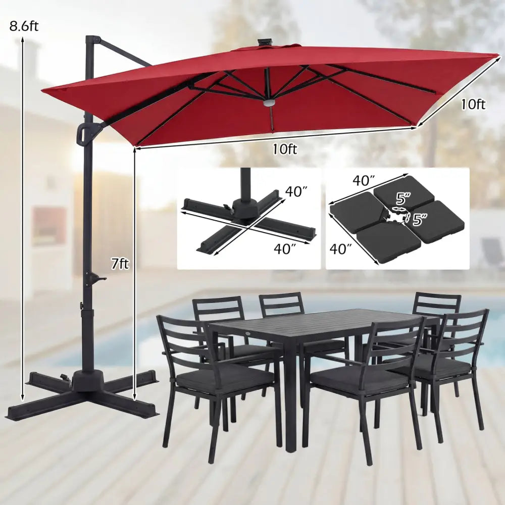 10 FT Cantilever Patio Umbrella with 32 Solar LED Lights and 220 LBS Base-Red - Red - Outdoor Umbrellas