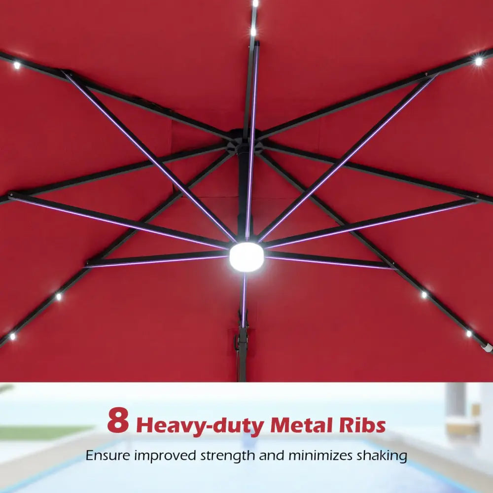 10 FT Cantilever Patio Umbrella with 32 Solar LED Lights and 220 LBS Base-Red - Red - Outdoor Umbrellas