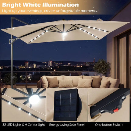 10 FT Cantilever Patio Umbrella with 32 Solar LED Lights and 220 LBS Base-Beige - Beige - Outdoor Umbrellas