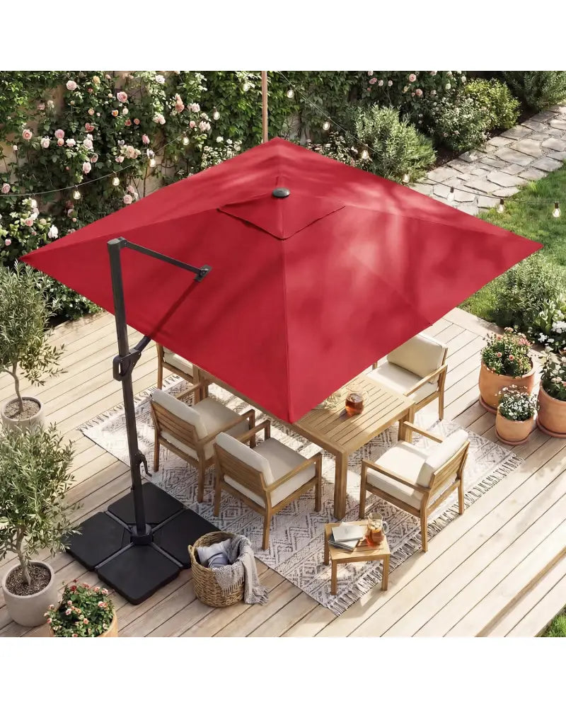 10 FT Cantilever Patio Umbrella with 32 Solar LED Lights and 220 LBS Base-Red - Red - Outdoor Umbrellas