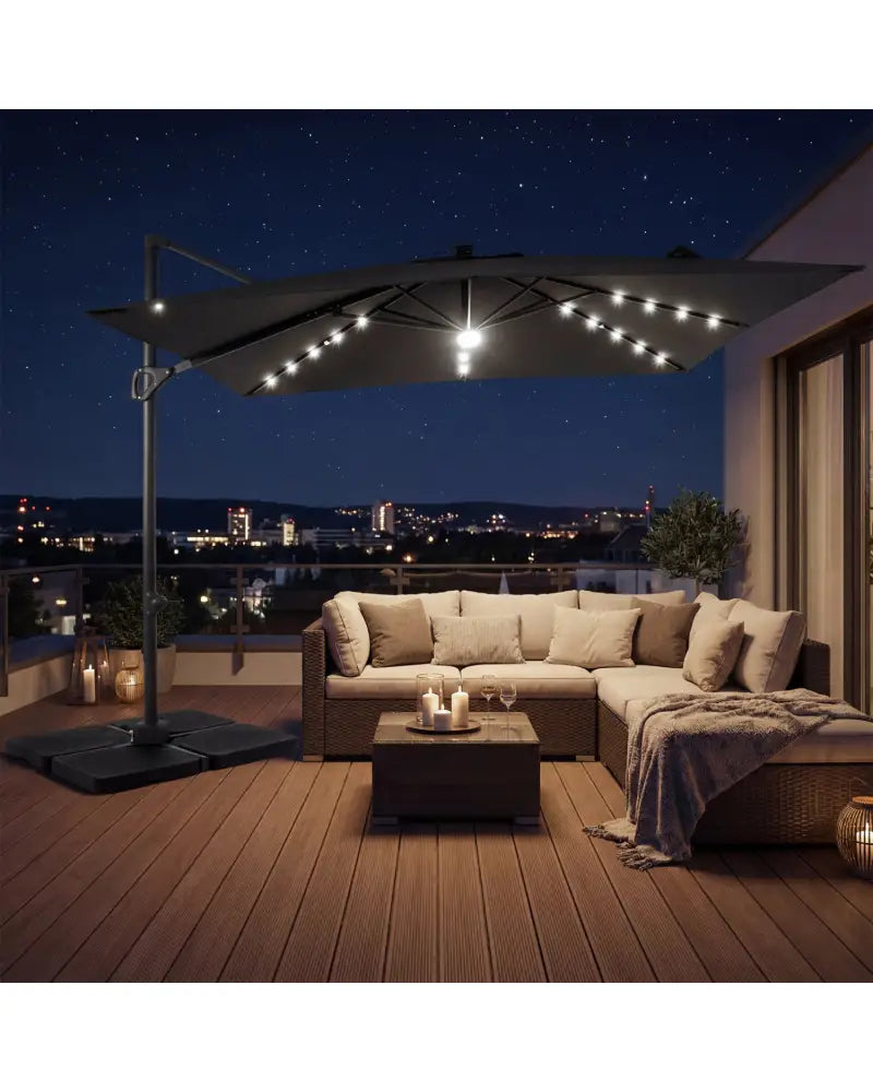 10 FT Cantilever Patio Umbrella with 32 Solar LED Lights and 220 LBS Base-Gray - Gray - Outdoor Umbrellas
