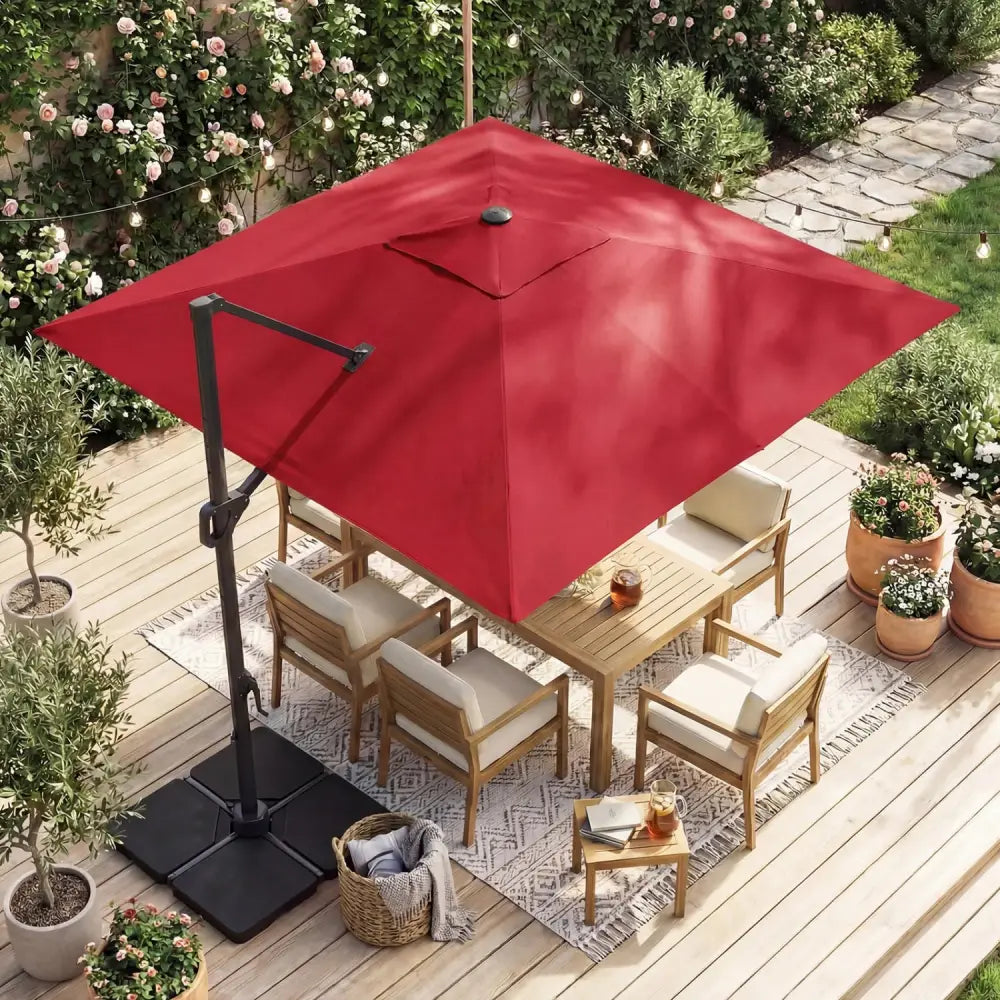 10 FT Cantilever Patio Umbrella with 32 Solar LED Lights and 220 LBS Base-Red - Red - Outdoor Umbrellas