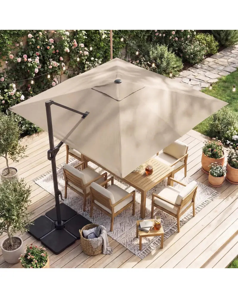 10 FT Cantilever Patio Umbrella with 32 Solar LED Lights and 220 LBS Base-Beige - Beige - Outdoor Umbrellas