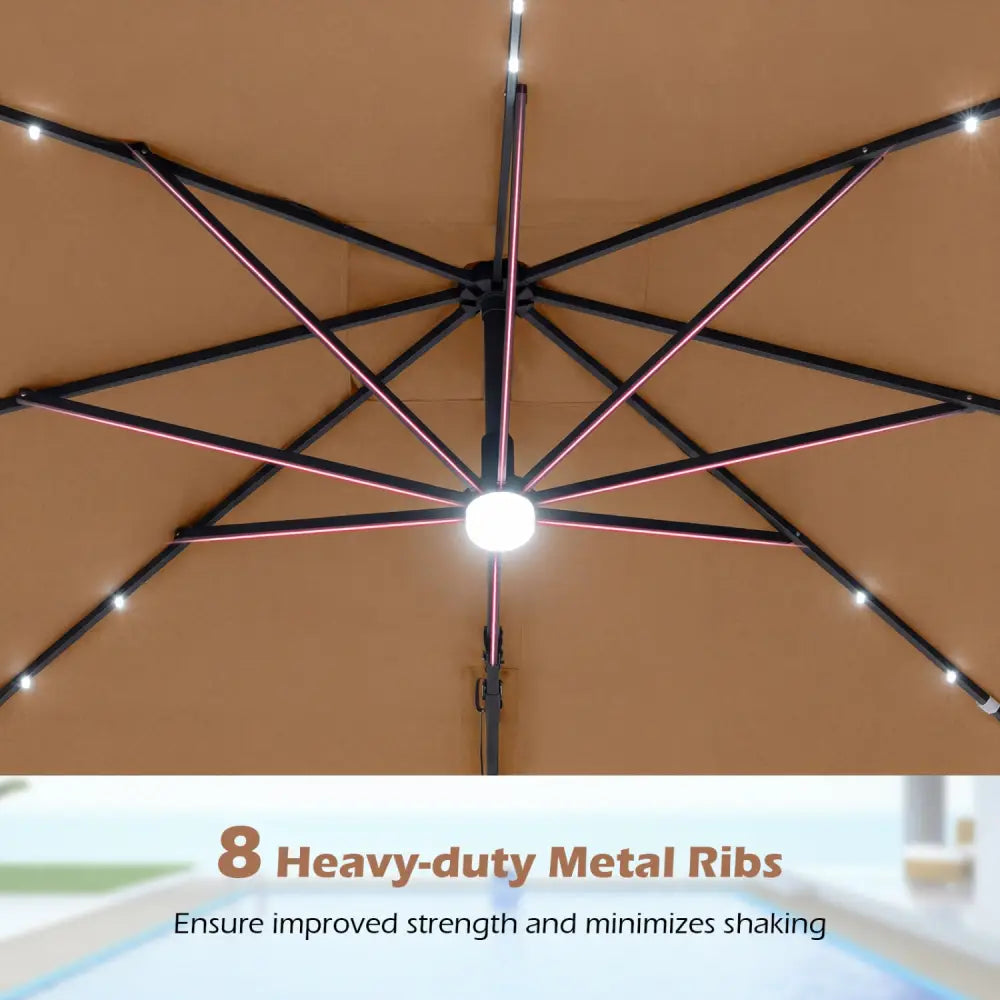 10 FT Cantilever Patio Umbrella with 32 Solar LED Lights and 220 LBS Base-Brown - Brown - Outdoor Umbrellas