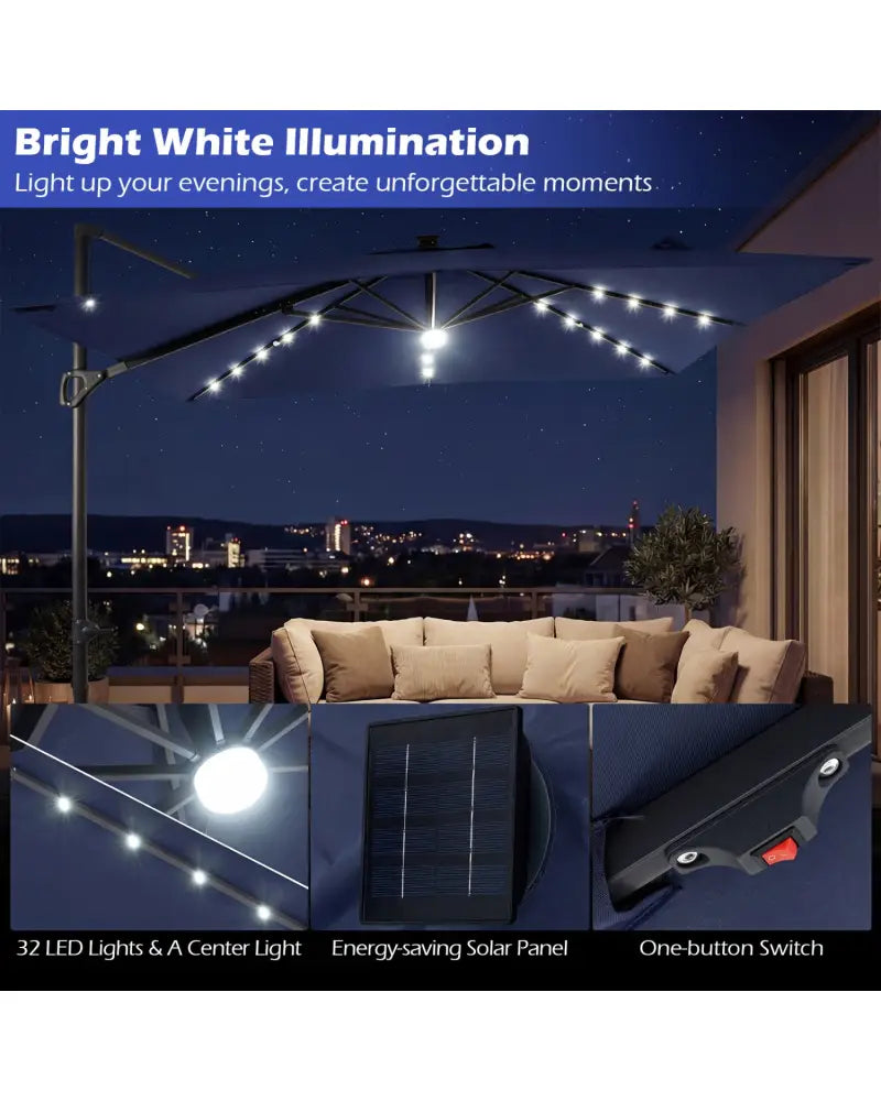 10 FT Cantilever Patio Umbrella with 32 Solar LED Lights and 220 LBS Base-Dark Blue - Dark Blue - Outdoor Umbrellas