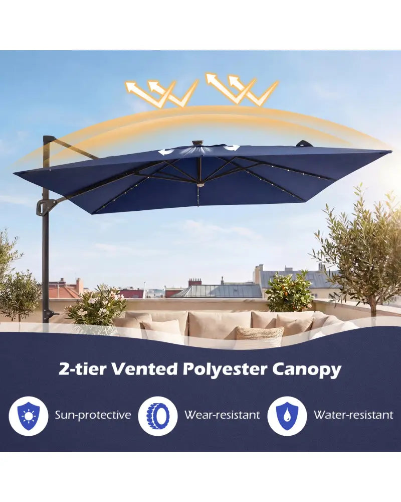 10 FT Cantilever Patio Umbrella with 32 Solar LED Lights and 220 LBS Base-Dark Blue - Dark Blue - Outdoor Umbrellas