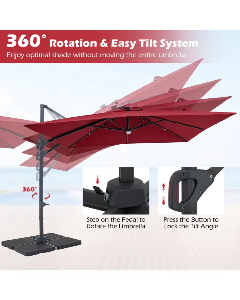 10 FT Cantilever Patio Umbrella with 32 Solar LED Lights and 220 LBS Base-Red - Red - Outdoor Umbrellas