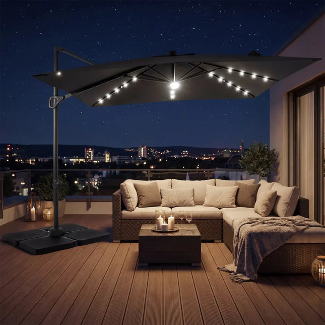 10 FT Cantilever Patio Umbrella with 32 Solar LED Lights and 220 LBS Base-Gray - Gray - Outdoor Umbrellas