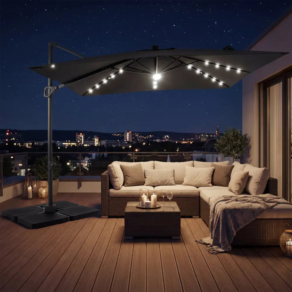 10 FT Cantilever Patio Umbrella with 32 Solar LED Lights and 220 LBS Base-Gray - Gray - Outdoor Umbrellas