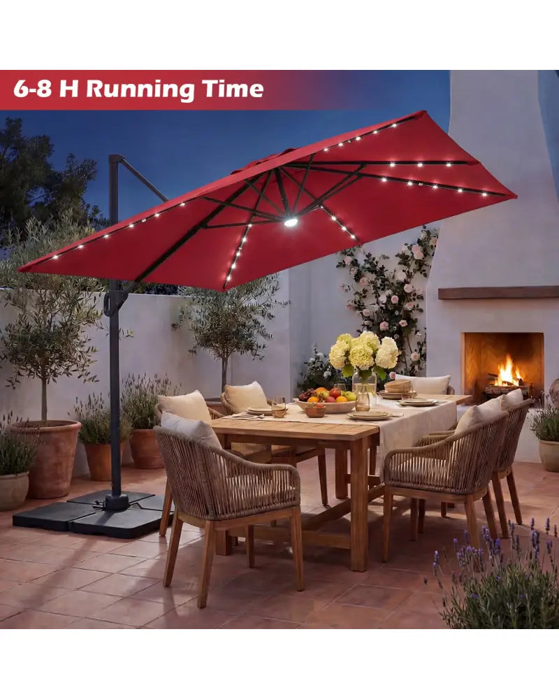 10 FT Cantilever Patio Umbrella with 32 Solar LED Lights and 220 LBS Base-Red - Red - Outdoor Umbrellas