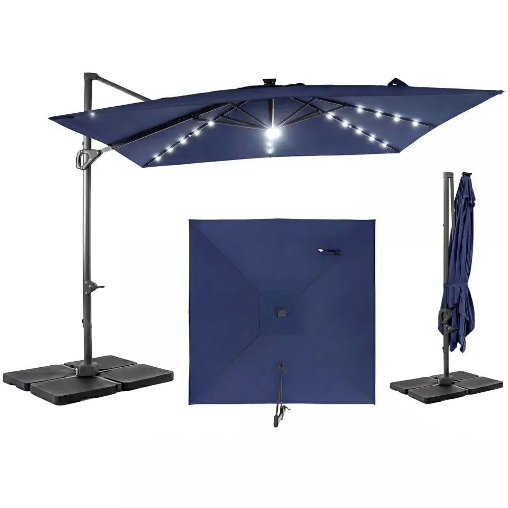 10 FT Cantilever Patio Umbrella with 32 Solar LED Lights and 220 LBS Base-Dark Blue - Dark Blue - Outdoor Umbrellas