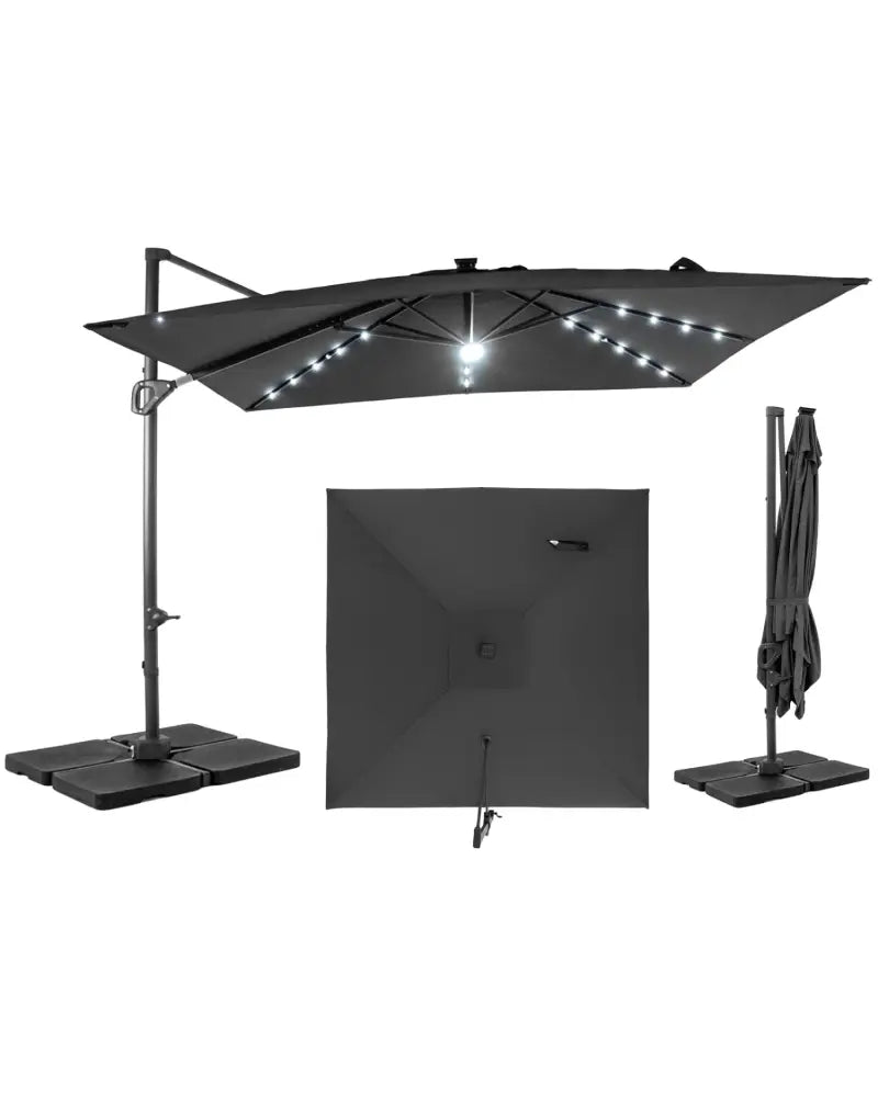 10 FT Cantilever Patio Umbrella with 32 Solar LED Lights and 220 LBS Base-Gray - Gray - Outdoor Umbrellas