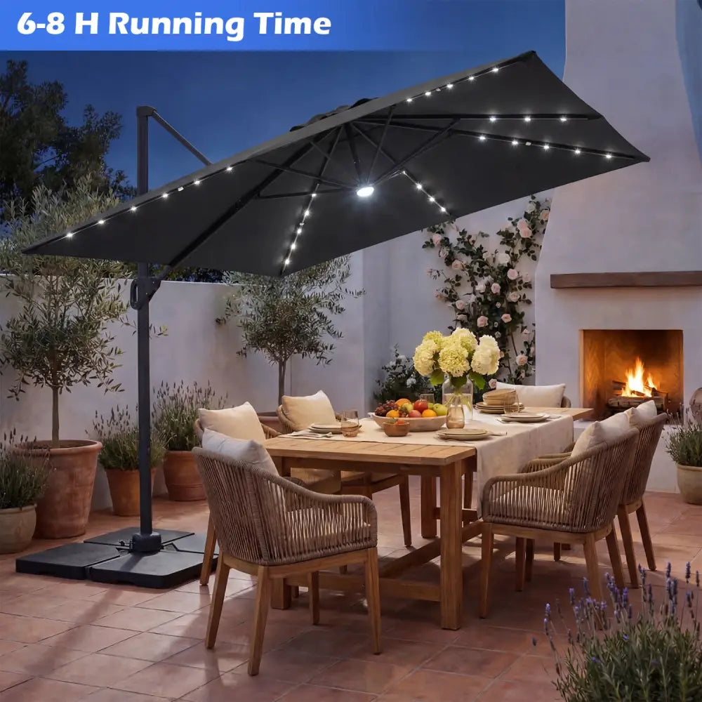 10 FT Cantilever Patio Umbrella with 32 Solar LED Lights and 220 LBS Base-Gray - Gray - Outdoor Umbrellas