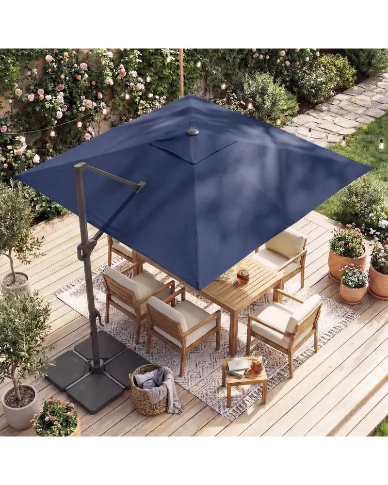 10 FT Cantilever Patio Umbrella with 32 Solar LED Lights and 220 LBS Base-Dark Blue - Dark Blue - Outdoor Umbrellas
