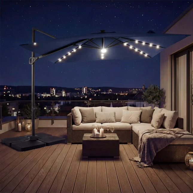 10 FT Cantilever Patio Umbrella with 32 Solar LED Lights and 220 LBS Base-Dark Blue - Dark Blue - Outdoor Umbrellas