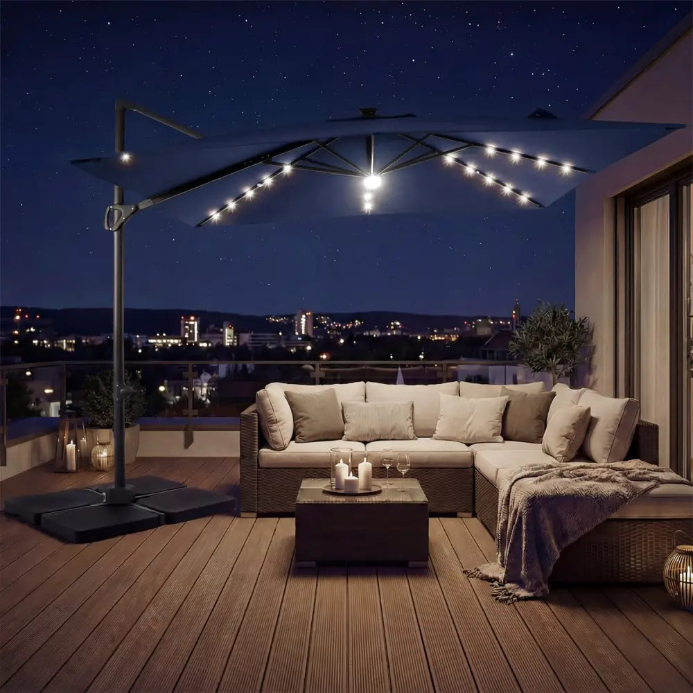 10 FT Cantilever Patio Umbrella with 32 Solar LED Lights and 220 LBS Base-Dark Blue - Dark Blue - Outdoor Umbrellas