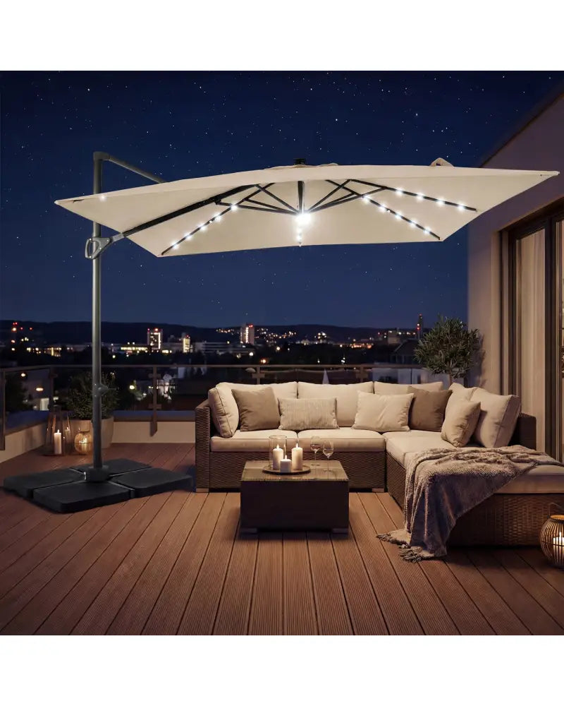 10 FT Cantilever Patio Umbrella with 32 Solar LED Lights and 220 LBS Base-Beige - Beige - Outdoor Umbrellas