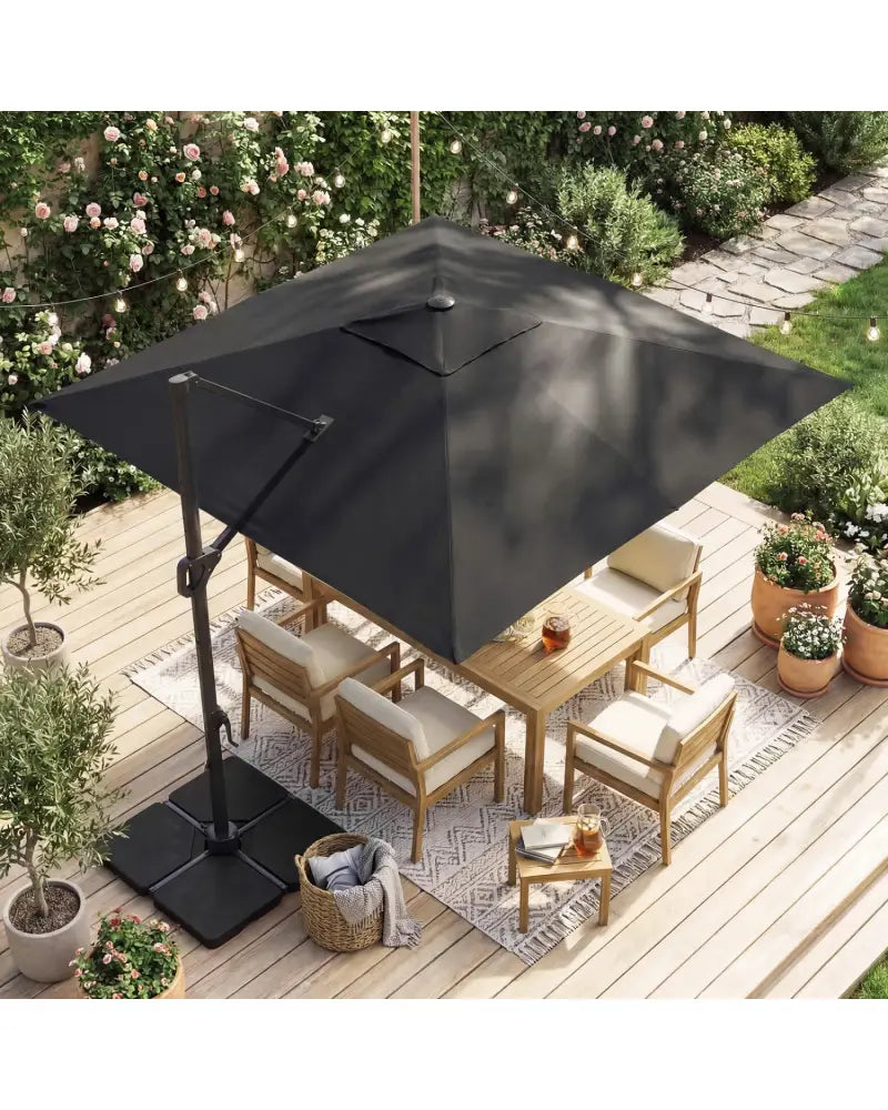 10 FT Cantilever Patio Umbrella with 32 Solar LED Lights and 220 LBS Base-Gray - Gray - Outdoor Umbrellas