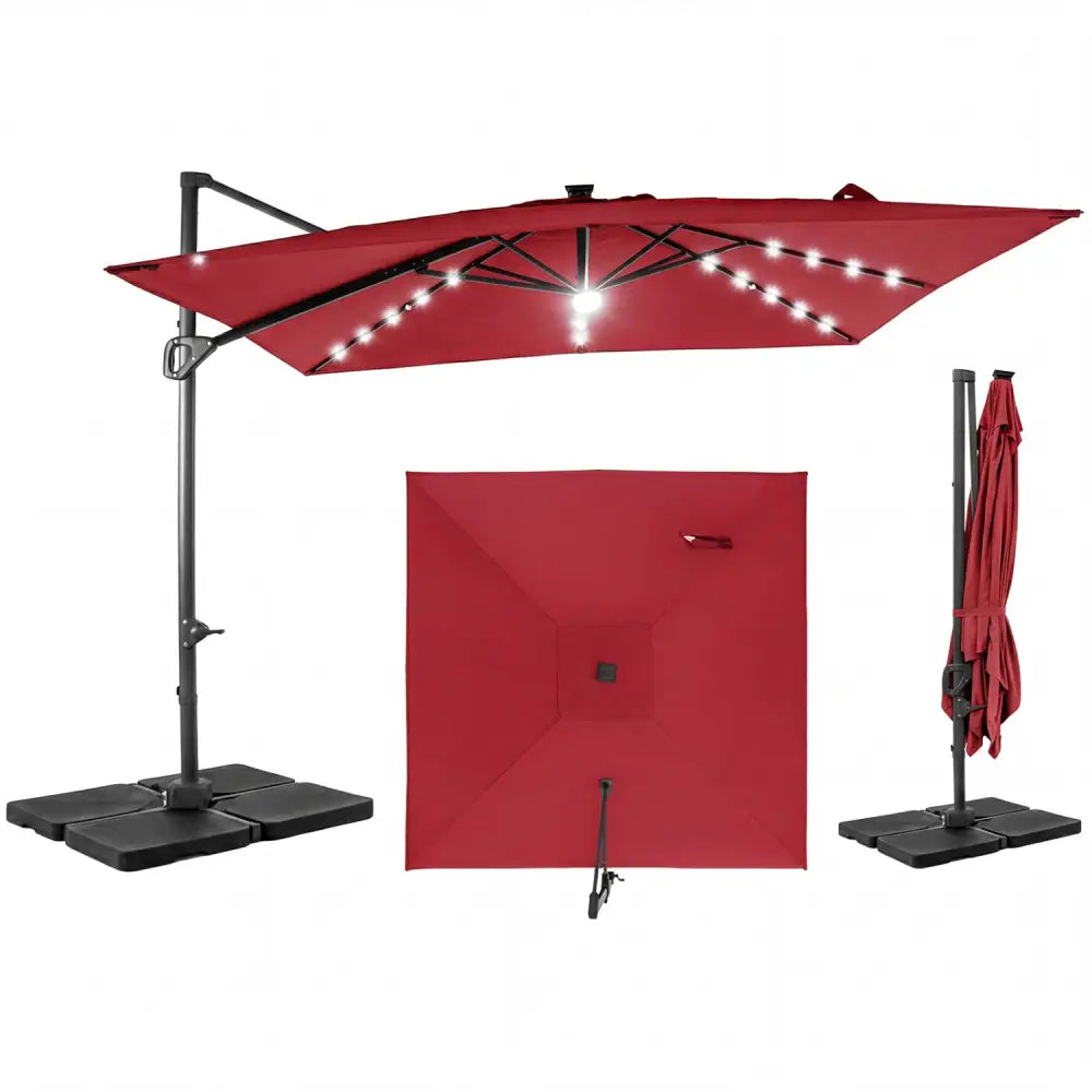 10 FT Cantilever Patio Umbrella with 32 Solar LED Lights and 220 LBS Base-Red - Red - Outdoor Umbrellas