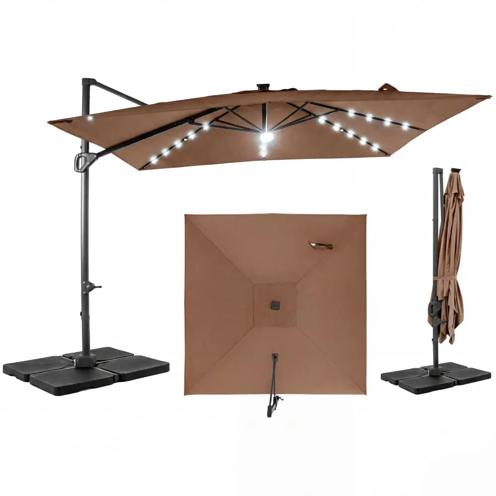10 FT Cantilever Patio Umbrella with 32 Solar LED Lights and 220 LBS Base-Brown - Brown - Outdoor Umbrellas